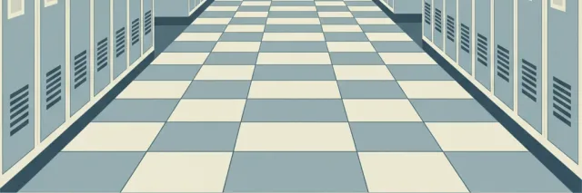 An empty school hallway with rows of closed lockers, flat vector illustration, muted tones, no people.