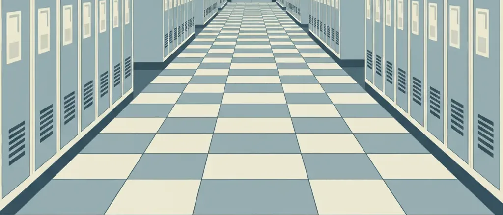 An empty school hallway with rows of closed lockers, flat vector illustration, muted tones, no people.