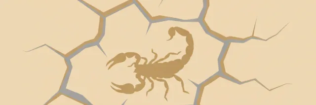 A stylized scorpion silhouette on cracked desert ground, flat vector illustration in muted earth tones.