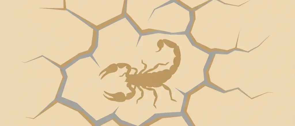 A stylized scorpion silhouette on cracked desert ground, flat vector illustration in muted earth tones.