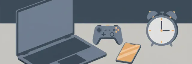 A laptop, game controller, and phone arranged on a desk beside an alarm clock showing a late hour, flat vector illustration in muted tones.