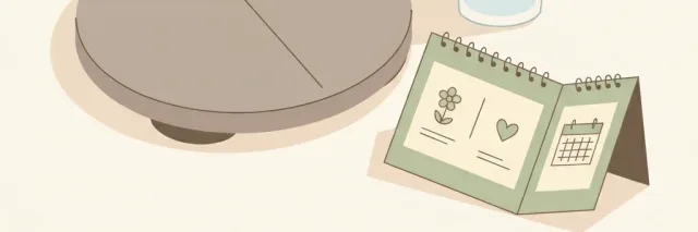 A bathroom scale beside a pregnancy calendar and a glass of water, flat vector in muted tones.