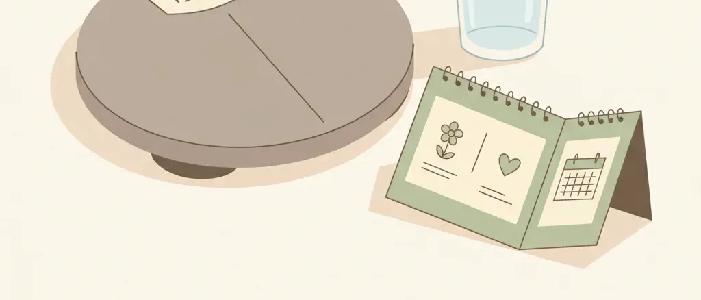 A bathroom scale beside a pregnancy calendar and a glass of water, flat vector in muted tones.