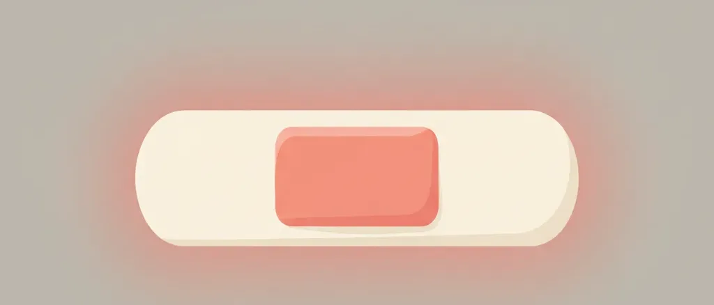 A flat vector illustration of a small adhesive bandage with a faint red halo, rendered in muted tones on an off-white background.