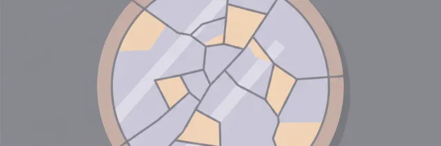 A cracked mirror reflecting fragmented light, flat vector editorial illustration, muted palette.
