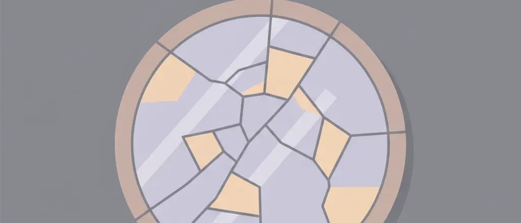 A cracked mirror reflecting fragmented light, flat vector editorial illustration, muted palette.