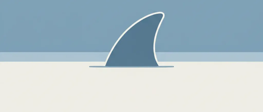 A single stylized shark fin silhouette against a calm horizontal water line, flat vector illustration.