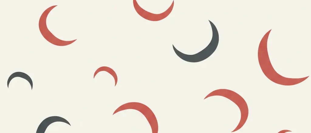 Abstract crescent shapes in red and muted tones, flat editorial illustration.