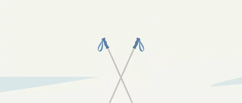 A single pair of crossed ski poles resting in calm snow, flat vector illustration in muted greys and cool blue.
