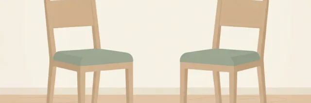Two empty chairs facing each other in a spare, softly lit room, nobody present, flat vector illustration.