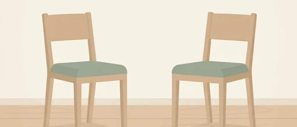 Two empty chairs facing each other in a spare, softly lit room, nobody present, flat vector illustration.