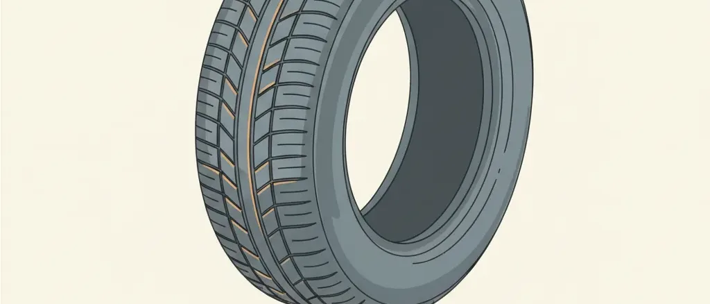 A simplified car tire with low tread rendered in muted slate and amber tones, flat vector illustration.