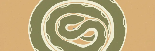 A single stylized coiled snake silhouette against a warm sand-colored background, flat vector illustration.