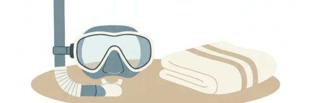 A single dive mask and snorkel resting on a pale neutral surface beside a folded towel, flat vector illustration in muted blue-grey tones, no people, no water.