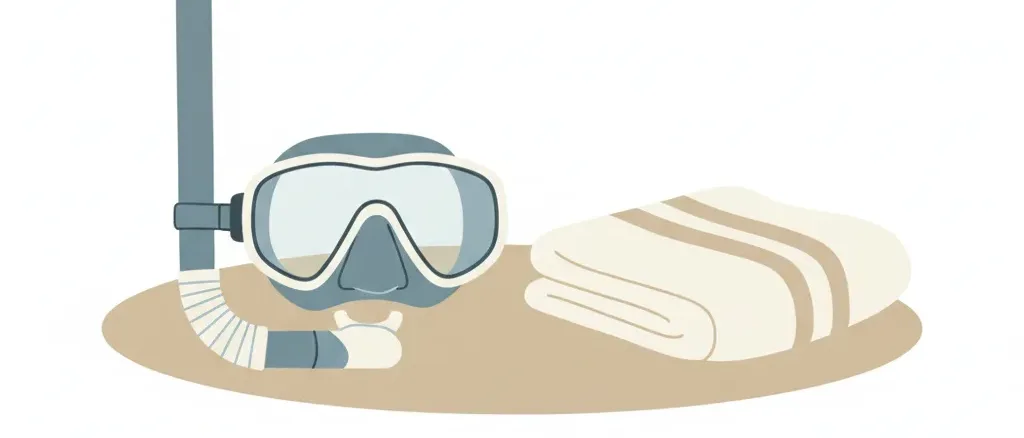 A single dive mask and snorkel resting on a pale neutral surface beside a folded towel, flat vector illustration in muted blue-grey tones, no people, no water.