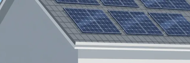 Rooftop solar panels on a residential house viewed from ground level, flat vector illustration in muted tones.