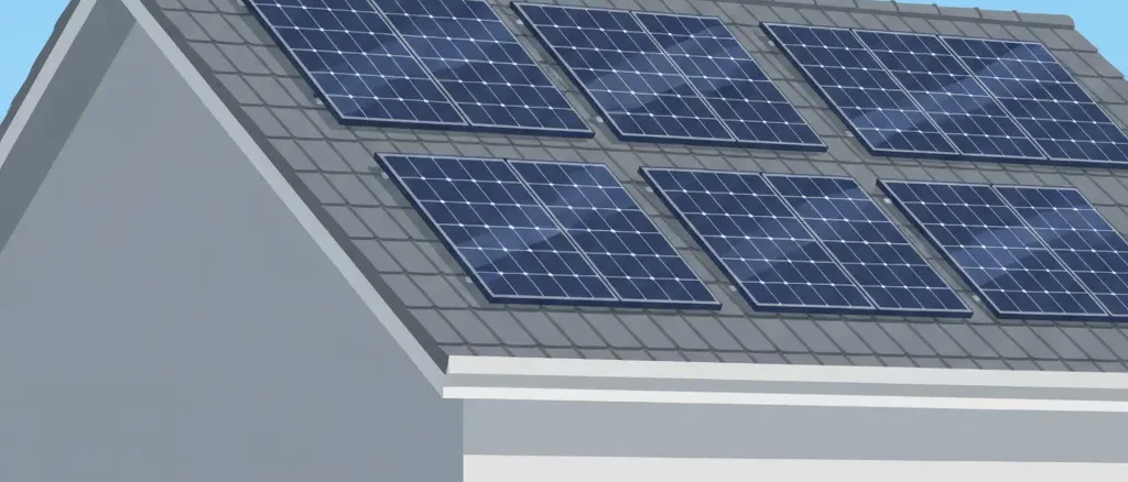 Rooftop solar panels on a residential house viewed from ground level, flat vector illustration in muted tones.