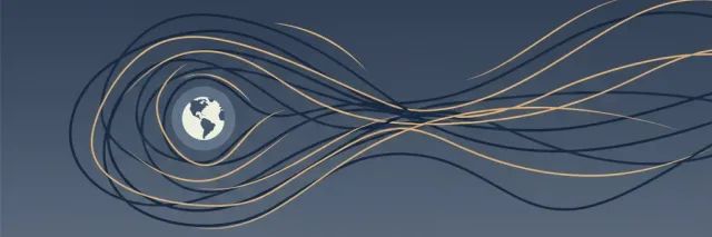 Abstract representation of magnetic field lines curving around Earth, flat vector illustration with deep blue and amber tones.