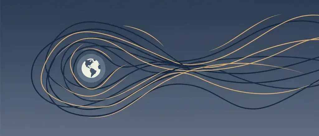 Abstract representation of magnetic field lines curving around Earth, flat vector illustration with deep blue and amber tones.