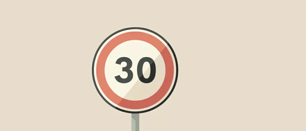 A single speed limit sign on a pale road surface, flat vector illustration with muted colors.