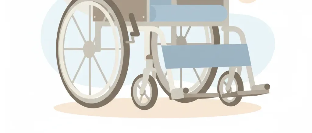 A lone wheelchair silhouette on a plain pale surface, flat vector illustration in muted tones.