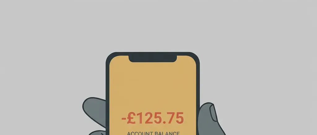 A mobile phone displaying a sports betting app interface with a downward balance indicator, muted palette, flat vector illustration.