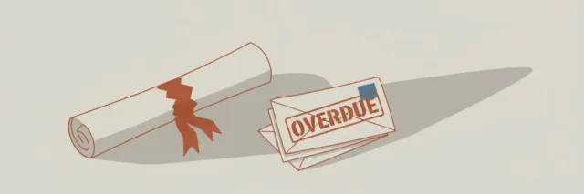 A torn diploma beside a stack of overdue bills, muted grey and rust tones, flat vector illustration.