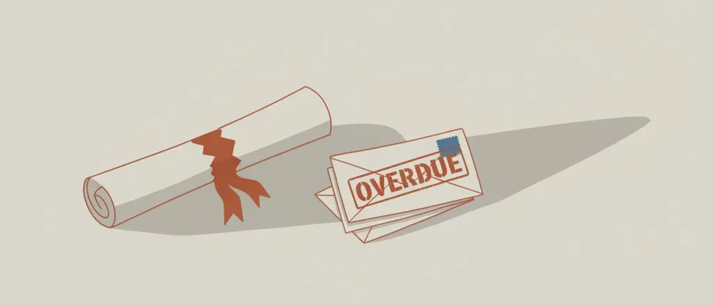 A torn diploma beside a stack of overdue bills, muted grey and rust tones, flat vector illustration.