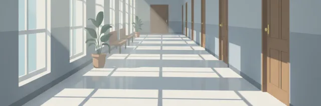 A flat vector illustration of an empty university corridor at night, muted tones.