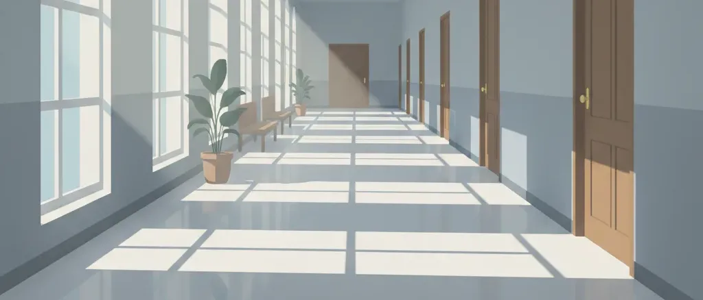 A flat vector illustration of an empty university corridor at night, muted tones.