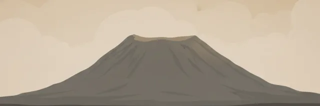 A solitary volcanic caldera silhouette against a muted sky, flat vector illustration with subdued warm tones.