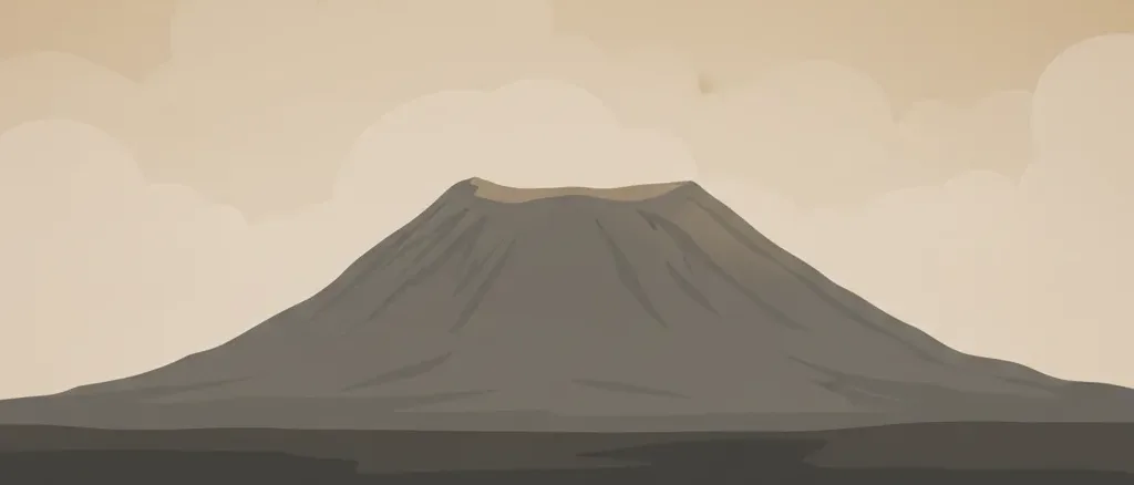 A solitary volcanic caldera silhouette against a muted sky, flat vector illustration with subdued warm tones.