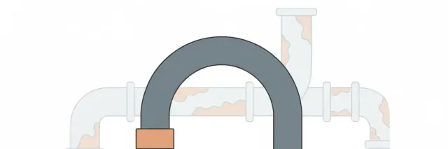 A kitchen faucet dripping into a glass, with faint pipe cross-sections visible in the background, flat vector illustration.