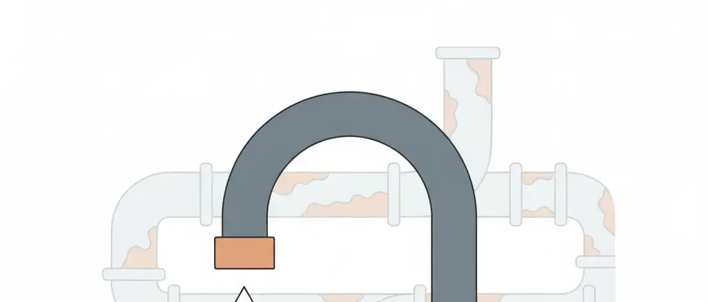 A kitchen faucet dripping into a glass, with faint pipe cross-sections visible in the background, flat vector illustration.