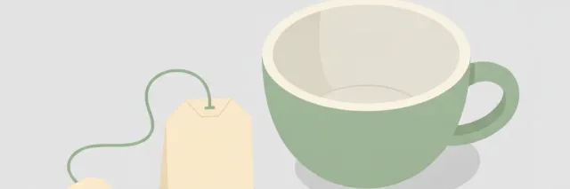 A single plain tea bag with its string and paper tag resting beside an empty mug on a neutral surface, flat vector illustration in muted tones.