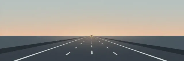 A flat vector illustration of a highway at dusk with a single car in the distance, muted tones.