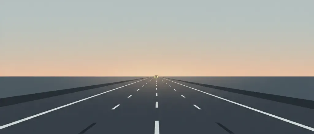 A flat vector illustration of a highway at dusk with a single car in the distance, muted tones.