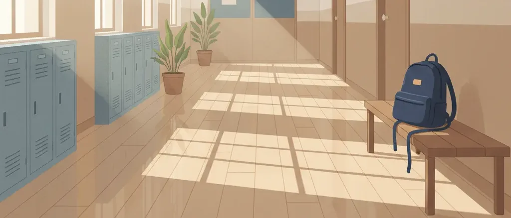 An empty school hallway with sunlight streaming through windows, symbolizing the quiet prevalence of teen mental health struggles