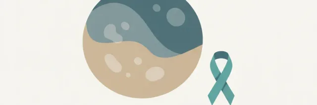 A flat vector illustration of an abstract circular cell shape with a subtle awareness ribbon, rendered in muted blue-grey tones.