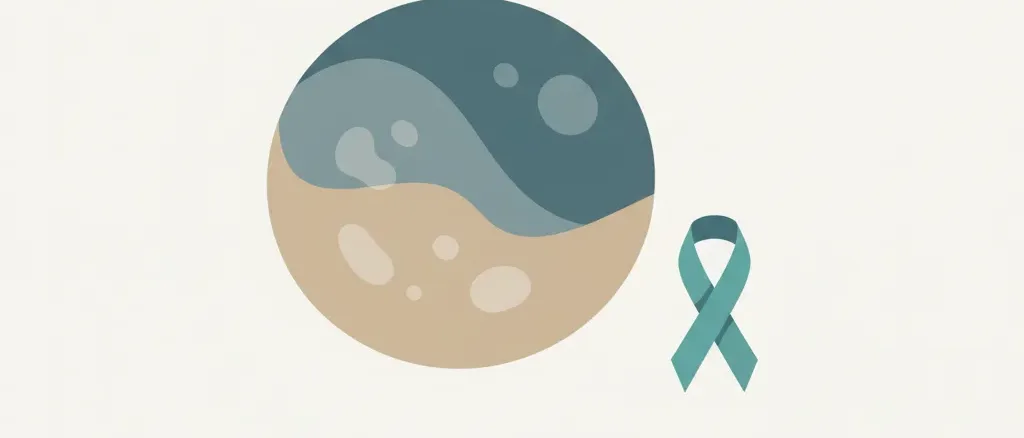 A flat vector illustration of an abstract circular cell shape with a subtle awareness ribbon, rendered in muted blue-grey tones.