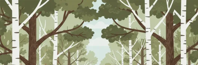A stylized forest trail with a small tick silhouette on a leaf, flat vector illustration in muted greens and browns.