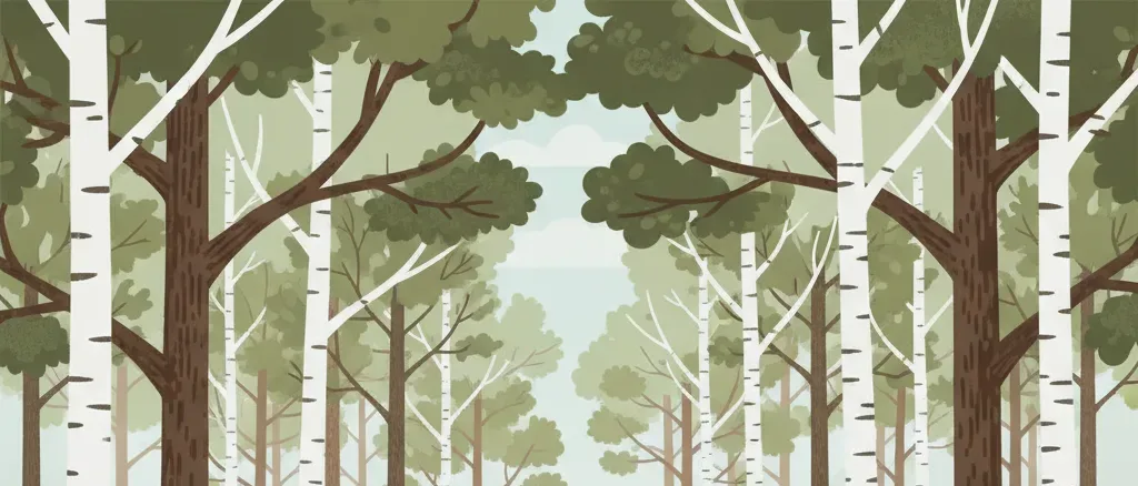A stylized forest trail with a small tick silhouette on a leaf, flat vector illustration in muted greens and browns.