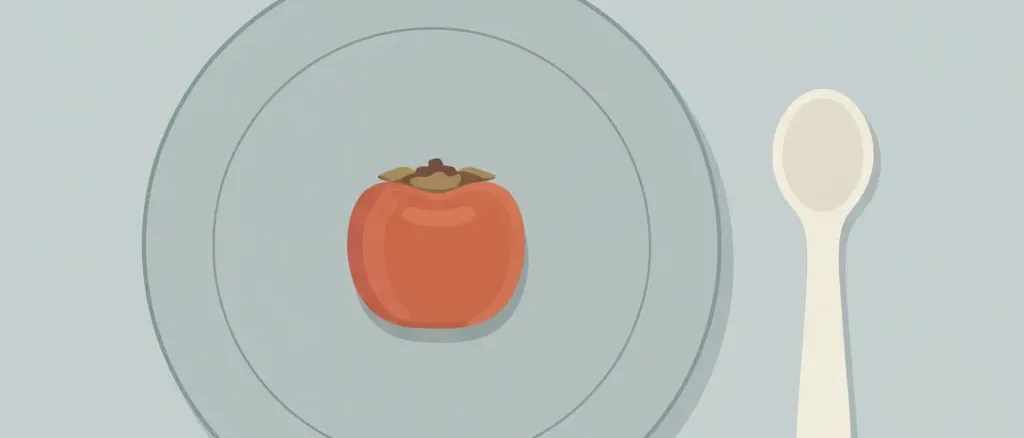 A single small round grape resting on a pale grey-blue plate beside a child-sized spoon, flat vector illustration, viewed from directly above.