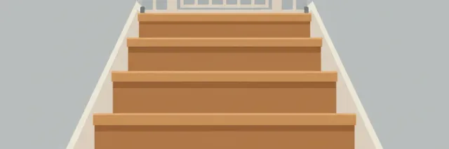 A residential staircase with a baby gate at the top, viewed from below, flat vector illustration in muted tones.