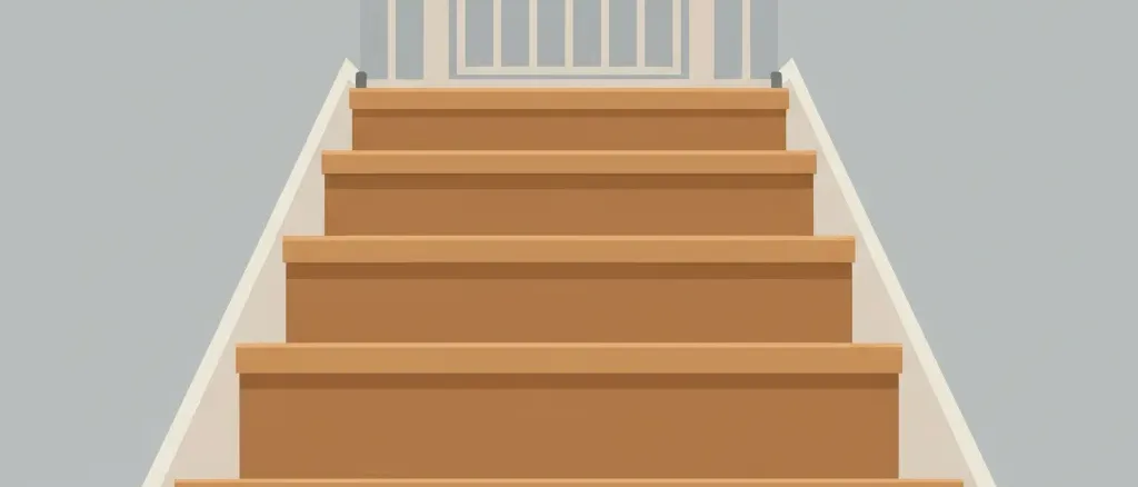 A residential staircase with a baby gate at the top, viewed from below, flat vector illustration in muted tones.