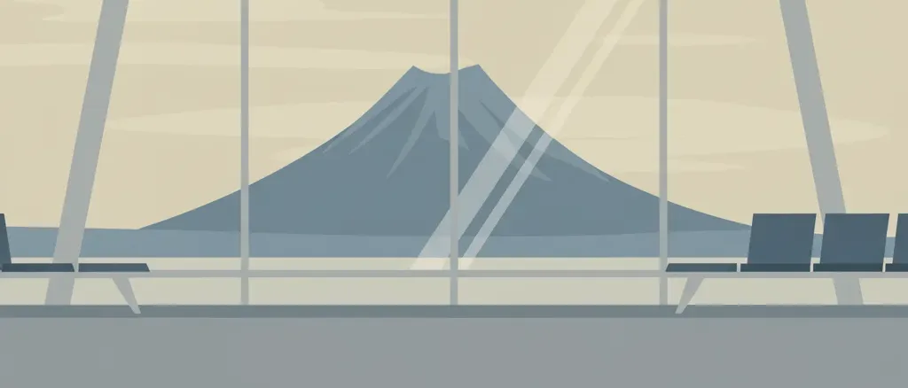 Airline departure board showing cancelled flights, with a distant volcano silhouette visible through a terminal window.