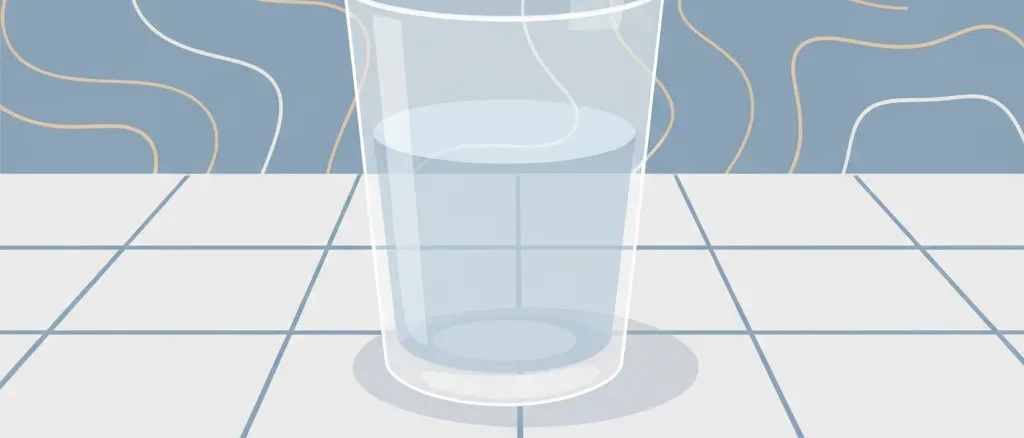 A glass of tap water on a tiled surface, with a faint world map in the background, flat vector illustration in muted tones.