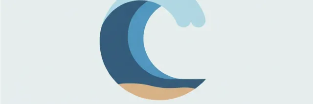 A single stylized wave curl against a pale sky, rendered as a flat geometric shape in muted blues, vector illustration.