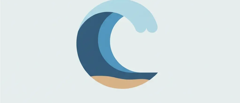 A single stylized wave curl against a pale sky, rendered as a flat geometric shape in muted blues, vector illustration.
