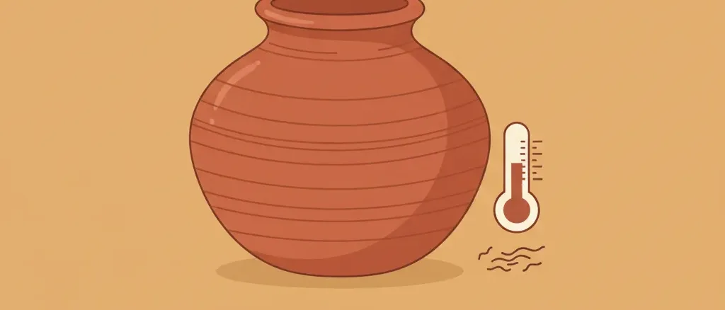 A flat vector illustration of a simple water vessel beside a muted thermometer icon, rendered in subdued warm tones.